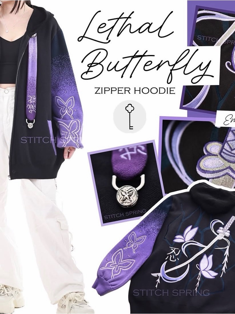 Lethal Butterfly Zipper Hoodie - Black & Purple